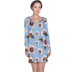 Delicate Hibiscus Flowers On A Blue Background Long Sleeve Nightdress by SychEva