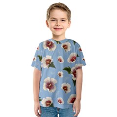 delicate hibiscus flowers on a blue background Kids  Sport Mesh Tee