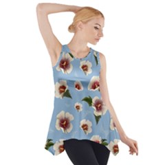 Delicate Hibiscus Flowers On A Blue Background Side Drop Tank Tunic by SychEva