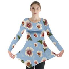 Delicate Hibiscus Flowers On A Blue Background Long Sleeve Tunic  by SychEva