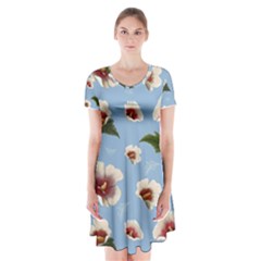 Delicate Hibiscus Flowers On A Blue Background Short Sleeve V-neck Flare Dress by SychEva