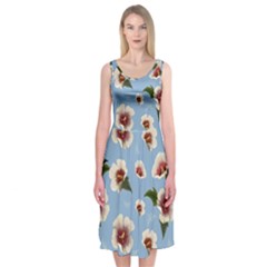 Delicate Hibiscus Flowers On A Blue Background Midi Sleeveless Dress by SychEva