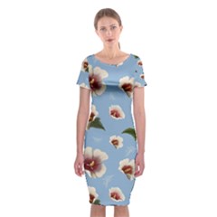 Delicate Hibiscus Flowers On A Blue Background Classic Short Sleeve Midi Dress by SychEva