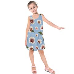 delicate hibiscus flowers on a blue background Kids  Sleeveless Dress