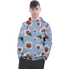 Delicate Hibiscus Flowers On A Blue Background Men s Pullover Hoodie by SychEva