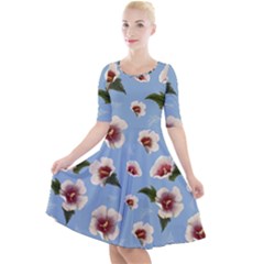 Delicate Hibiscus Flowers On A Blue Background Quarter Sleeve A-line Dress by SychEva