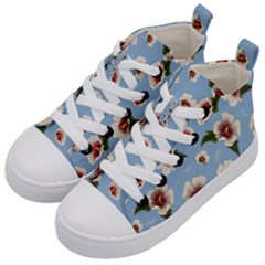 Delicate Hibiscus Flowers On A Blue Background Kids  Mid-top Canvas Sneakers by SychEva