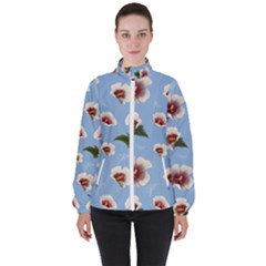 Delicate Hibiscus Flowers On A Blue Background Women s High Neck Windbreaker by SychEva