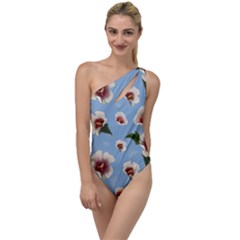 Delicate Hibiscus Flowers On A Blue Background To One Side Swimsuit by SychEva