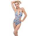 delicate hibiscus flowers on a blue background Plunging Cut Out Swimsuit View1