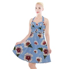 Delicate Hibiscus Flowers On A Blue Background Halter Party Swing Dress  by SychEva