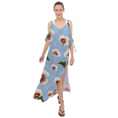 Delicate Hibiscus Flowers On A Blue Background Maxi Chiffon Cover Up Dress by SychEva