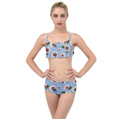 Delicate Hibiscus Flowers On A Blue Background Layered Top Bikini Set by SychEva