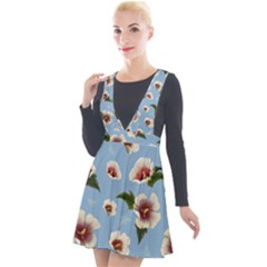 Delicate Hibiscus Flowers On A Blue Background Plunge Pinafore Velour Dress by SychEva