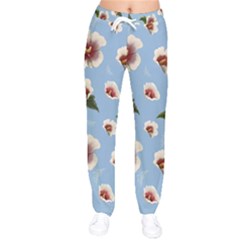 delicate hibiscus flowers on a blue background Women velvet Drawstring Pants