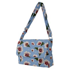 Delicate Hibiscus Flowers On A Blue Background Full Print Messenger Bag (m) by SychEva