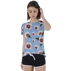 Delicate Hibiscus Flowers On A Blue Background Short Sleeve Foldover Tee by SychEva