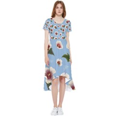 delicate hibiscus flowers on a blue background High Low Boho Dress