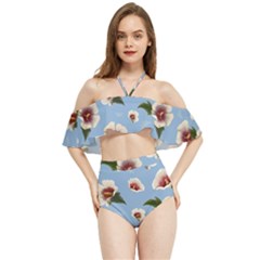 Delicate Hibiscus Flowers On A Blue Background Halter Flowy Bikini Set  by SychEva
