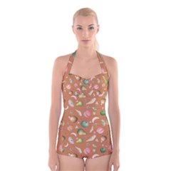 Watercolor fruit Boyleg Halter Swimsuit 