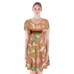 Watercolor Fruit Short Sleeve V-neck Flare Dress by SychEva