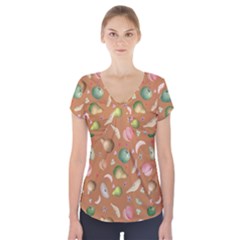 Watercolor fruit Short Sleeve Front Detail Top