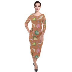 Watercolor fruit Quarter Sleeve Midi Velour Bodycon Dress