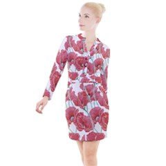 Red Poppy Flowers Button Long Sleeve Dress by goljakoff