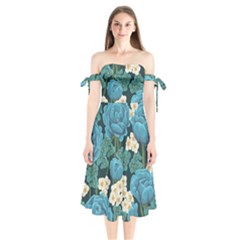 Blue Flowers Shoulder Tie Bardot Midi Dress by goljakoff