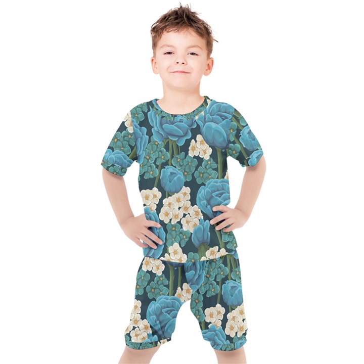 Blue flowers Kids  Tee and Shorts Set