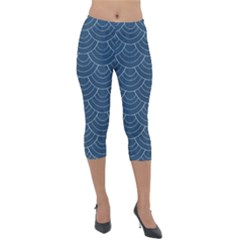 Blue Sashiko Plaid Lightweight Velour Capri Leggings  by goljakoff