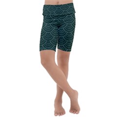 Green Sashiko Pattern Kids  Lightweight Velour Cropped Yoga Leggings by goljakoff