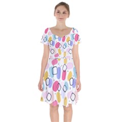 Watercolor Circles  Abstract Watercolor Short Sleeve Bardot Dress by SychEva