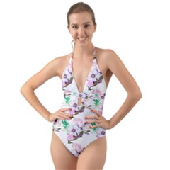 Floral Art Halter Cut-out One Piece Swimsuit by Sparkle