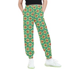 Green Floral Pattern Kids  Elastic Waist Pants by designsbymallika