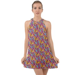 Groovy Floral Pattern Halter Tie Back Chiffon Dress