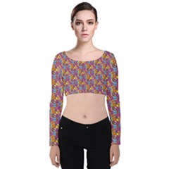 Groovy Floral Pattern Velvet Long Sleeve Crop Top