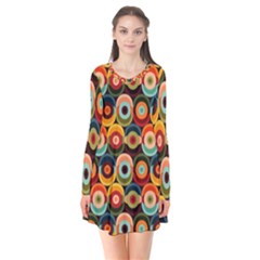 Multicolor Geometric Pattern Long Sleeve V-neck Flare Dress by designsbymallika