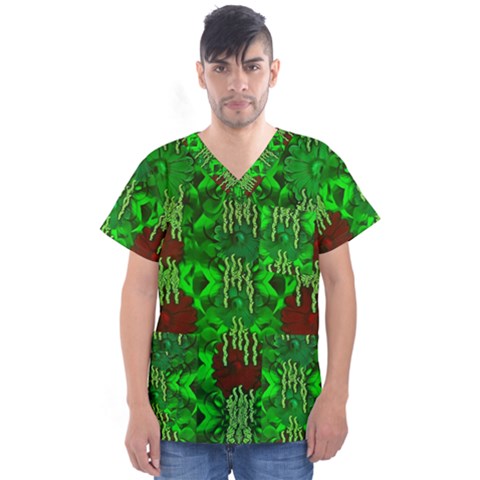 Forest Of Colors And Calm Flowers On Vines Men s V-neck Scrub Top by pepitasart