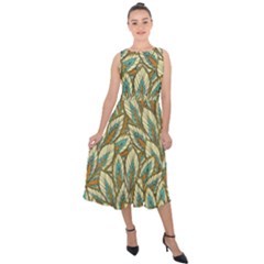 Green Leaves Midi Tie-back Chiffon Dress by goljakoff