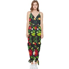 Russian Khokhloma Sleeveless Tie Ankle Jumpsuit