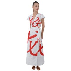 Dragon Hieroglyph Flutter Sleeve Maxi Dress