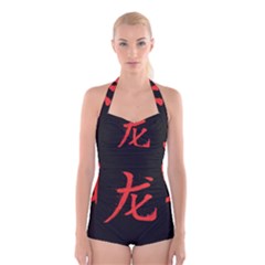 Dragon Hieroglyph Boyleg Halter Swimsuit  by goljakoff