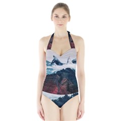 Blue Whale In The Clouds Halter Swimsuit by goljakoff