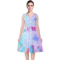 Rainbow Paint V-neck Midi Sleeveless Dress 