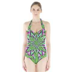 Purple, White, Green, Marijuana, Leaves, Cbdoilprincess  5de76707-e767-40d0-a70d-e7c36407f0a3 Halter Swimsuit by CBDOilPrincess1