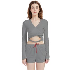 Battleship Grey Velvet Wrap Crop Top And Shorts Set by FabChoice