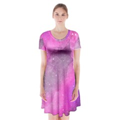 Purple Space Paint Short Sleeve V-neck Flare Dress by goljakoff