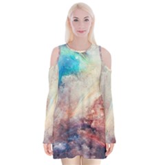 Abstract Galaxy Paint Velvet Long Sleeve Shoulder Cutout Dress by goljakoff