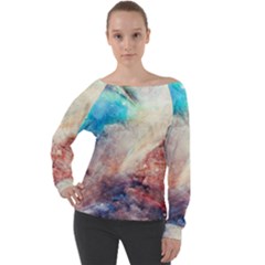 Abstract Galaxy Paint Off Shoulder Long Sleeve Velour Top by goljakoff